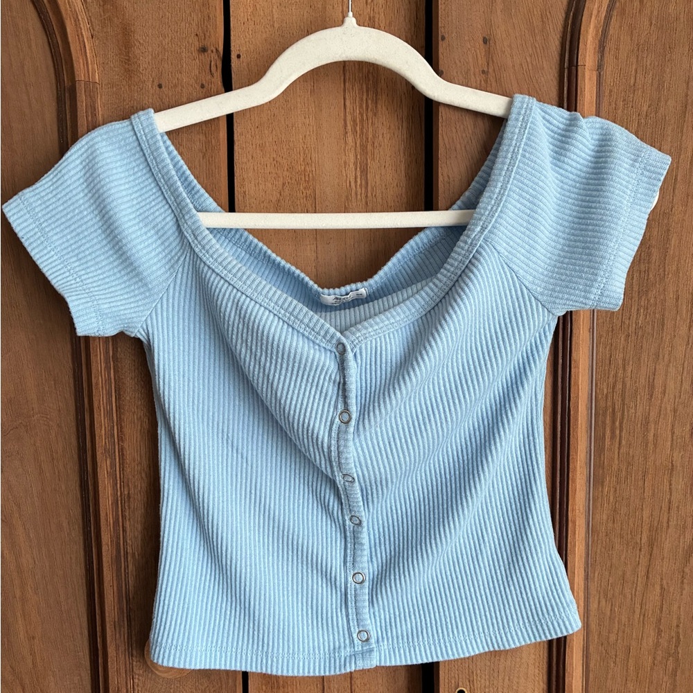 Ardene Light Blue Ribbed Off-the-Shoulder Crop Top
